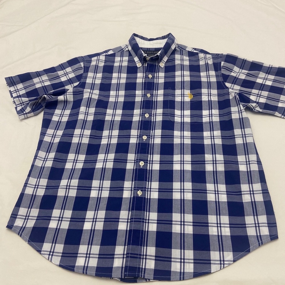US Polo Assn Mens Plaid Short Sleeve Button Down Shirt Size L Blue White